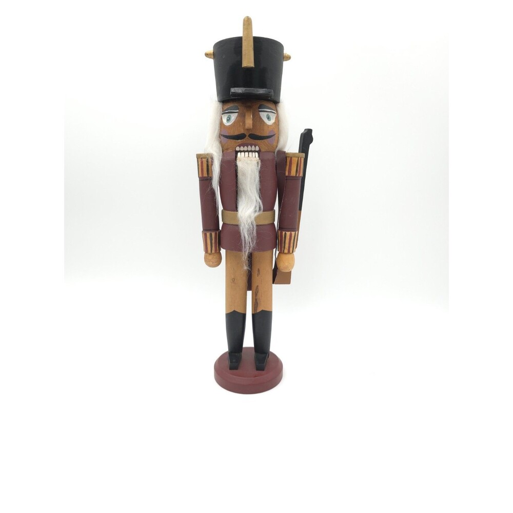 Vintage Wooden Nutcracker Brown 14" Soldier With Rifle